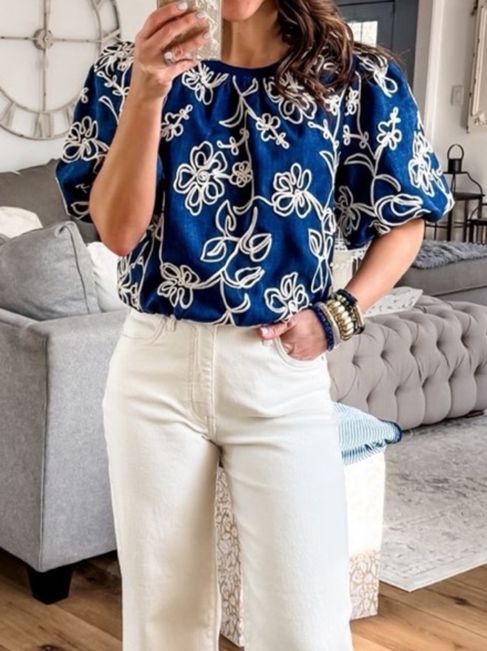 Embroidered Floral Puff-Sleeve Blouse - Navy